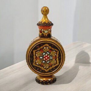 Vintage Small Bulgarian Rose Oil Essence Wood Bottle Ornate Design Collectible